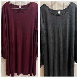 Old Navy Long Sleeve Swing Dress Bundle XL Burgundy & Gray Soft Knit